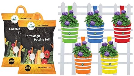 TrustBasket Enriched Organic Earth Magic Potting Soil Mix with Required Fertilizers for Plants - 10 & Round Ribbed Railing Planters (Multicolour, Pack of 5) Combo