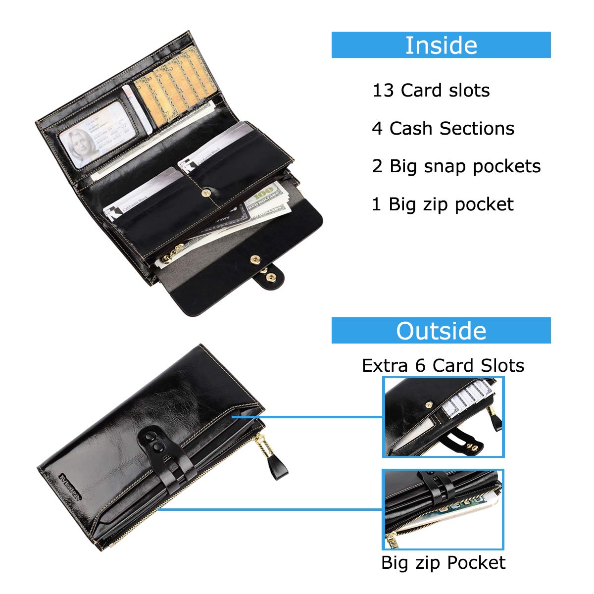 IVESIGN Womens Genuine Leather Wristlet Zipper Clutch Wallet RFID Blocking Credit Card Phone Holder Hand Purse Large Capacity (C-Black)