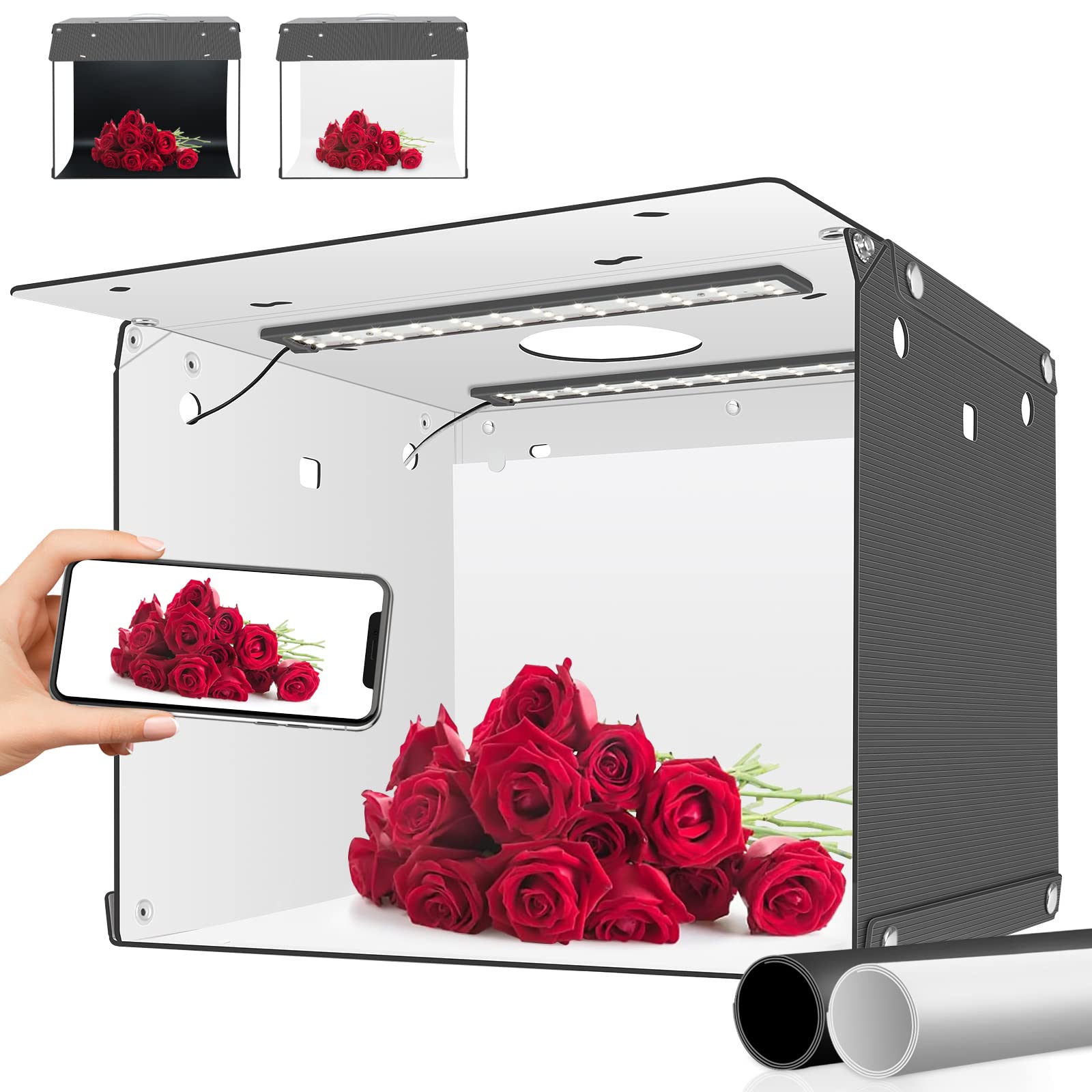 Light Box Photography, Orthland 33x26x26 cm Photo Box Booth, New Upgraded PVC Version Mini Photo Studio Shooting Tent Kit with 72 LED Lights, 2 Photo Backdrops for Product Photography