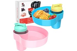 OMYPOTT 2PCS Kids Car Seat Snack Tray: Travel Trays for Kids Car Cup Holder, Safety Car Seats Tray, Toddler Road Trip Essential, Travel Snacks Food Plate with a Cup Holder -Blue&Pink