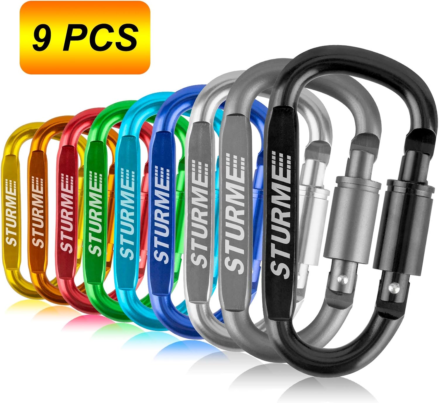 STURME Carabiner Clip Aluminum D-Ring Locking Durable Strong and Light Large Carabiners Clip Set for Outdoor Camping Screw Gate Lock Hooks Spring Link Improved Design Pack (9 Pack) : Sports & Outdoors