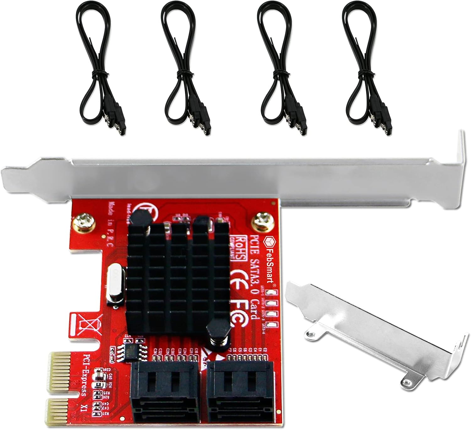 FebSmart PCIE3.0 to 4-Ports 6Gbps SATA 3.0 Expansion Card for PCs, Servers, NAS, MAC Pros-Plug and Play on Windows, MAC OS, Linux System-ASMedia ASM1064 Non-Raid PCIE 3.0 SATA Controller (FS-S4-Pro)