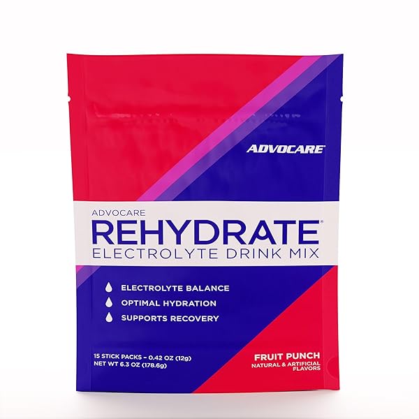 ADVOCARE REHYDRATE – ELECTROLYTE DRINK MIX – INCLUDES MAGNESIUM, SODIUM, POTASSIUM & CALCIUM – ANTIOXIDANT & AMINO ACID FORTIFIED – HYDRATION & RECOVERY – FRUIT PUNCH, 15 STICK PACKS (6.3 OZ)