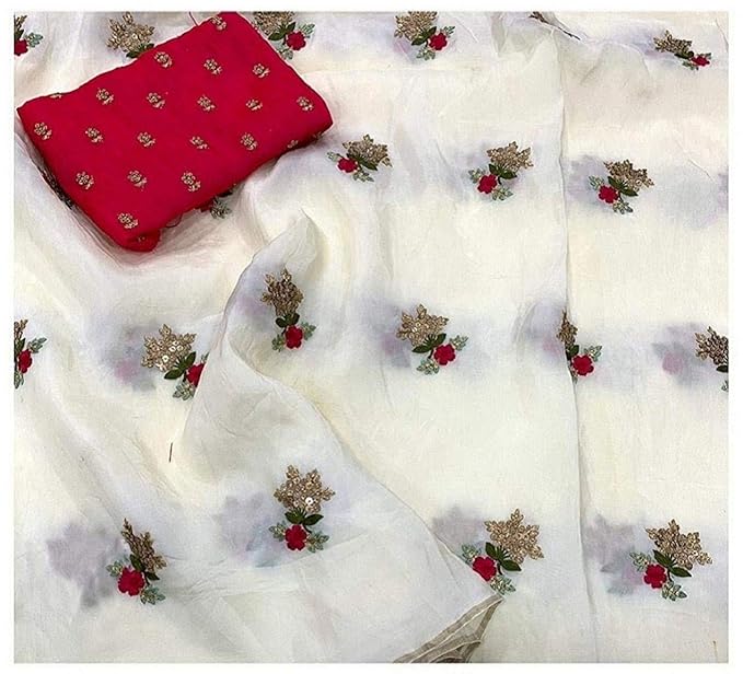 Latest Multi-Coloured Embroidered Work Chanderi Cotton With Work Blouse Piece Saree For Women (Blue Wish)