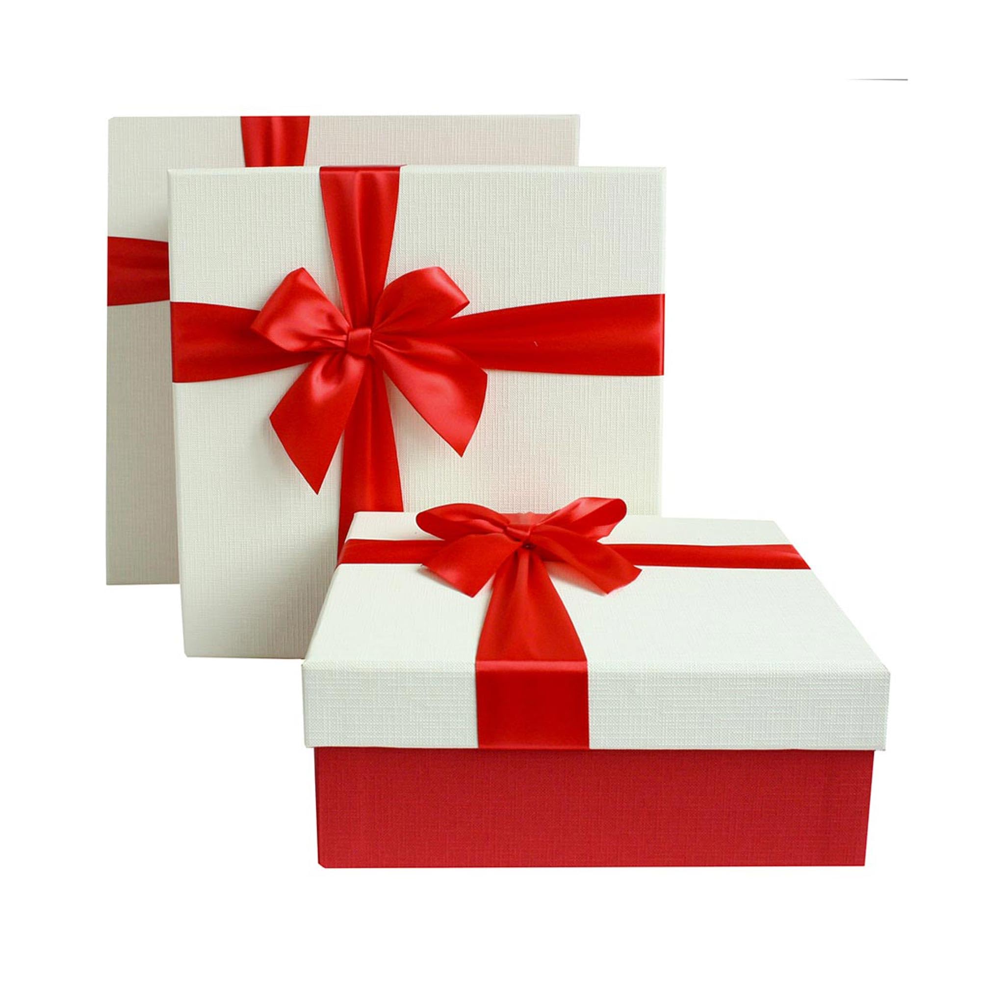 Emartbuy White Paper + Red/White Rigid Gift Box with Ribbon Set of 3 – Large, Medium, Small – Luxury Cardboard Presentation Box|Premium Packaging for Hampers, Birthdays, Weddings, Corporate Gifting