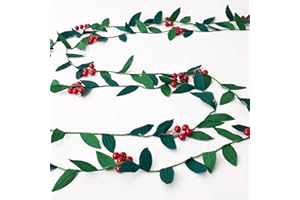 OBBOLO Christmas Banner Garlands 2 Pcs, with Handcrafted Paper Leaves and Decorative Red Berries, Paper Greenery Garland Banner for Xmas Indoor Home Office Decorations