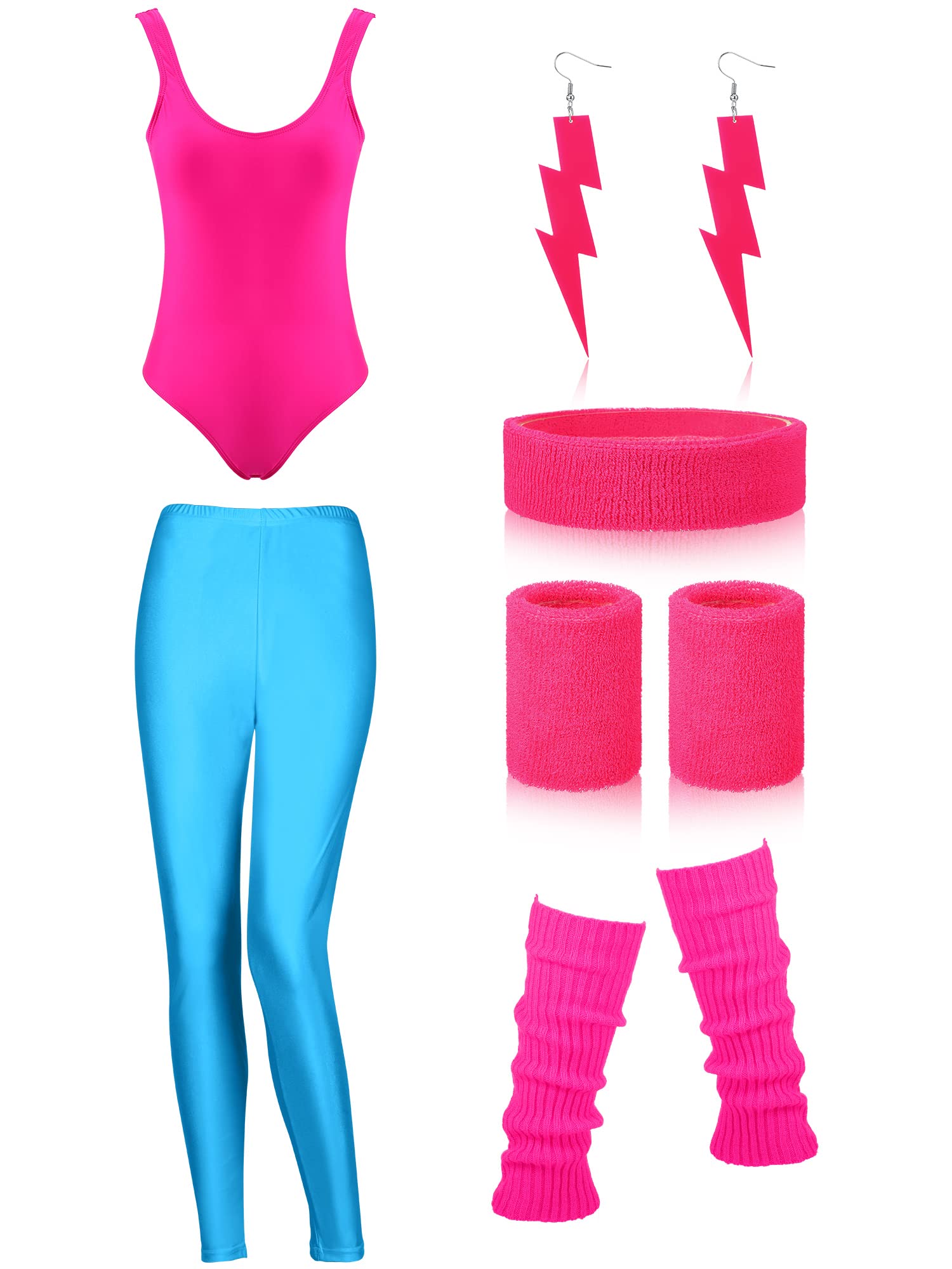 Photo 1 of SATINIOR Women 80s 90s Workout Costume Outfit Accessories Set Leg Warmers Headband Wristbands Earrings Swimwear Suit (Rose Red, Fluorescent Blue,SMALL)