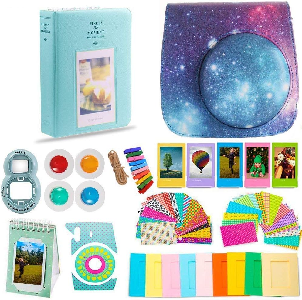 DNO Fujifilm Instax Mini 9 Accessories (11 Piece Kit) - Protective Case, Hanging Frames, Filters & Selfie Lens, Photo Album, Film Decor Stickers & More - Flamingo Pink (Starry Sky)