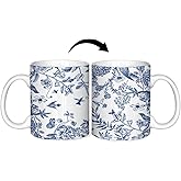 ignytiger Blue and White Chinoiserie Mug, Vintage Blue Floral Coffee Mug, Chinoiserie Botanical Floral Bird Mug, Blue and White Ceramic Coffee Mug 11 oz