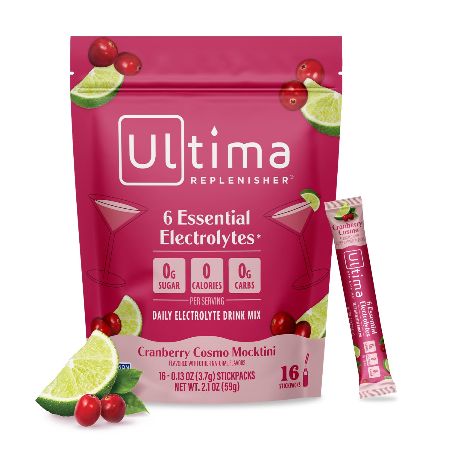 Photo 1 of ******* 09/2027**** Ultima Replenisher Daily Electrolyte Powder – Cranberry Cosmo, 16 Stickpacks – Zero Sugar Hydration Packets with 6 Key Electrolytes and Trace Minerals – Sugar Free & Keto Friendly Drink Mix