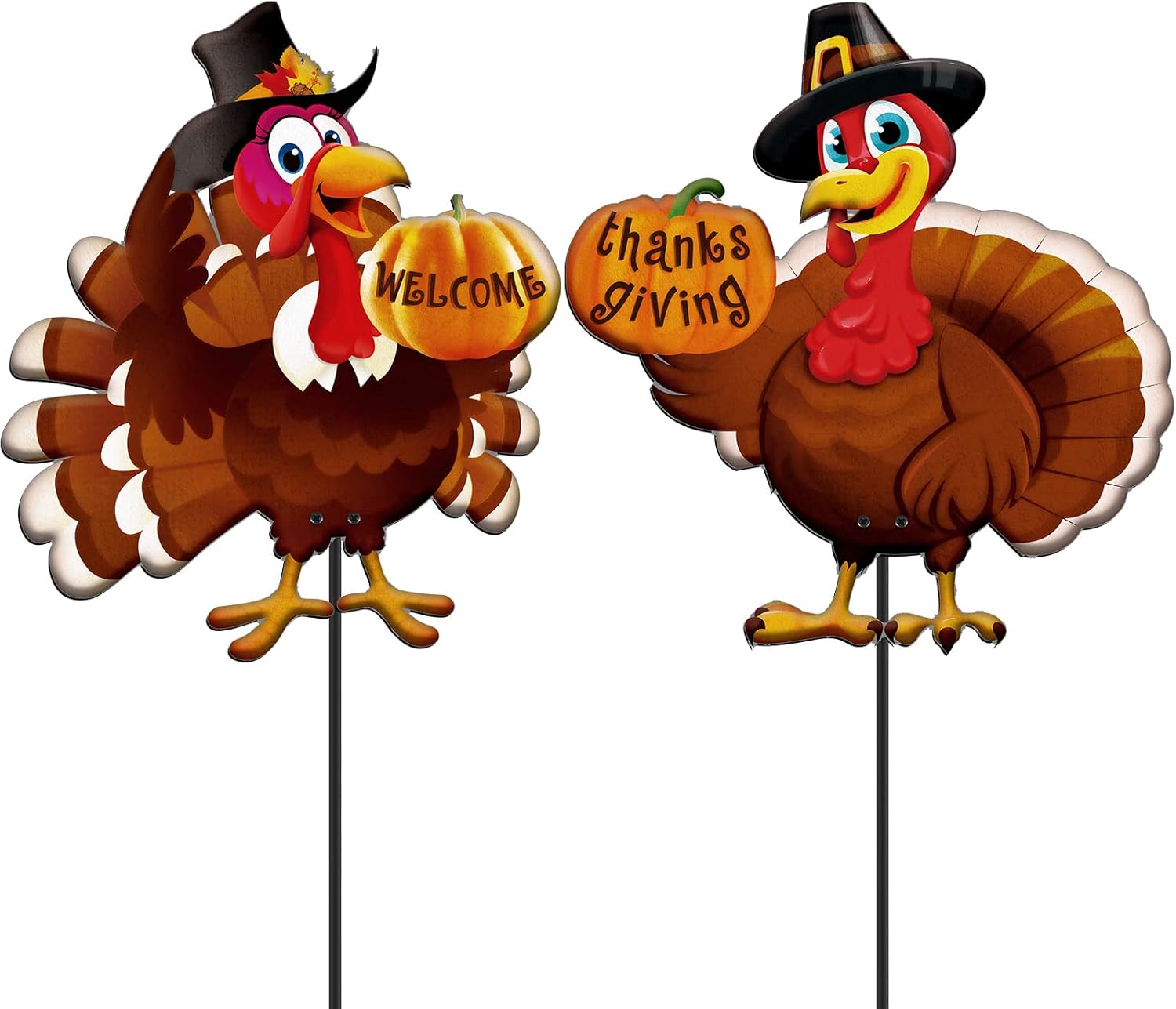 Decorative Garden Stakes - 2 Pack Thanksgiving Turkey Decors Metal Turkey Fall Garden Stakes Turkey Pumpkin Thanksgiving Decorations Welcome Harvest Decorations Outdoor Thanksgiving Yard Stakes for Autumn Yard Lawn Porch Decor