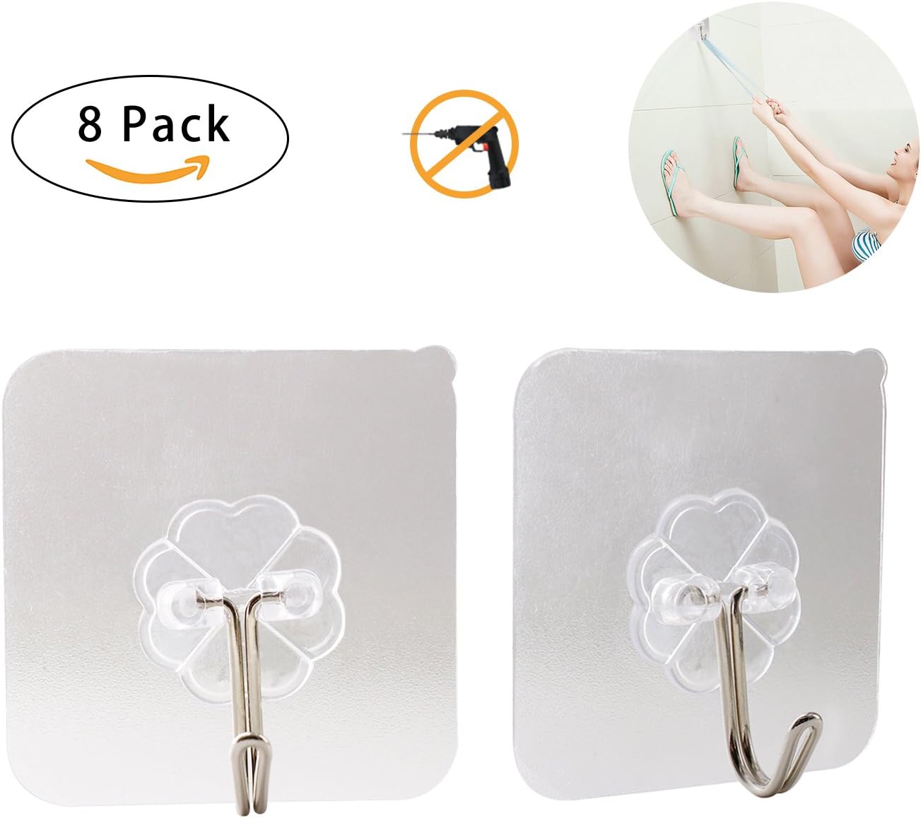 Adhesive Hooks, 11.2lbs/Heavy Duty Wall Hooks for Hanging Coats Towels Robes Keys, Kitchen Bathroom Nails Free No Damage Utility Sticky Wall & Ceiling Hooks, Clear (8 Pcs)