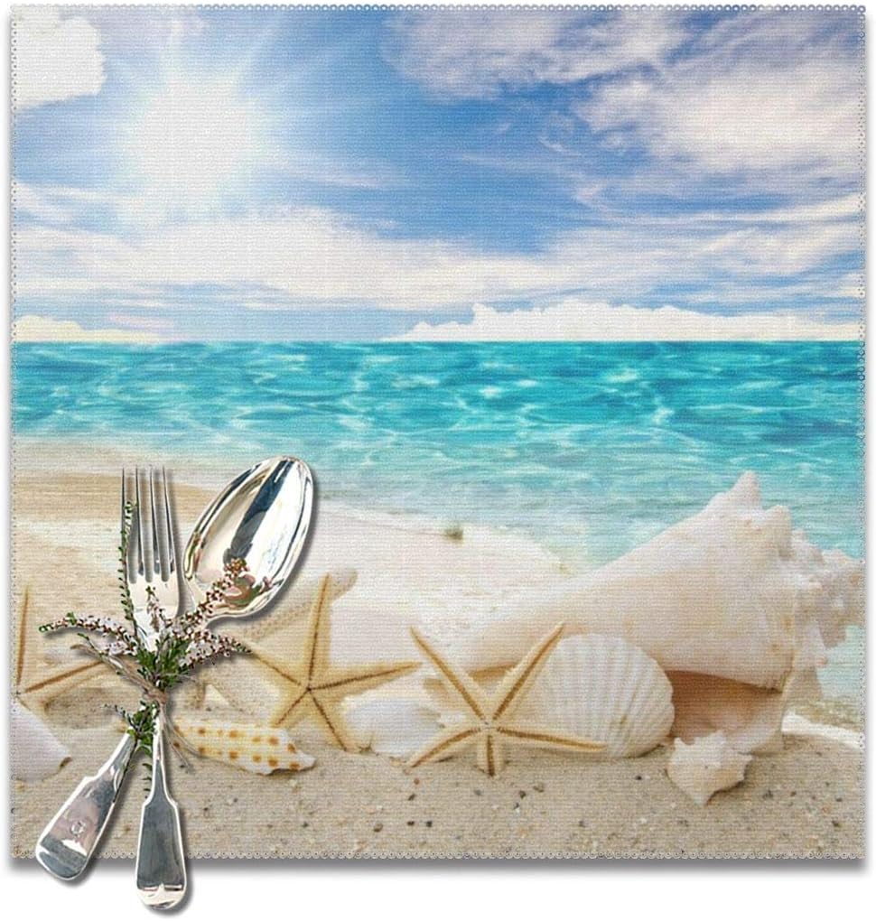 NiYoung Kitchen Placemats Heat Insulation Stain Resistant Washable Tablemats for Kitchen/Dining Restaurant Hotel Table (6 Pieces, Blue Sky Tropical Beach Starfish Conch Seashell Place Mats)