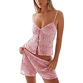 MISSACTIVER Women’s Y2K Sequin Cami Tops Sexy Sparkle Lace Up Crop Top Tie Front Backless Low Cut V-Neck Straps Tank Top