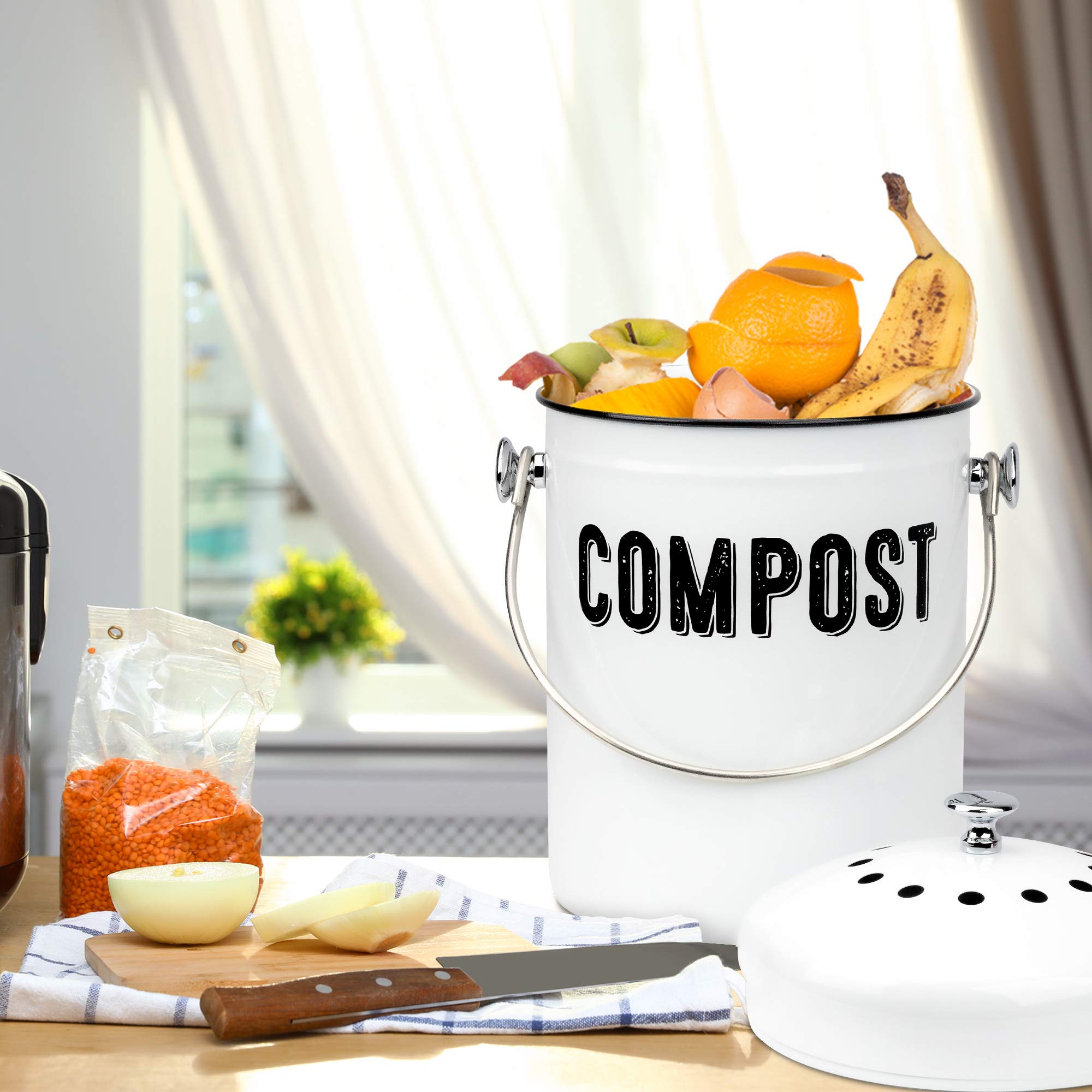 Stylish Farmhouse Kitchen Compost Bin - 100% Rust Proof w/Non Smell Filters - Easy Clean 1.3 Gallon Container Looks Fabulous on Your Kitchen Countertop