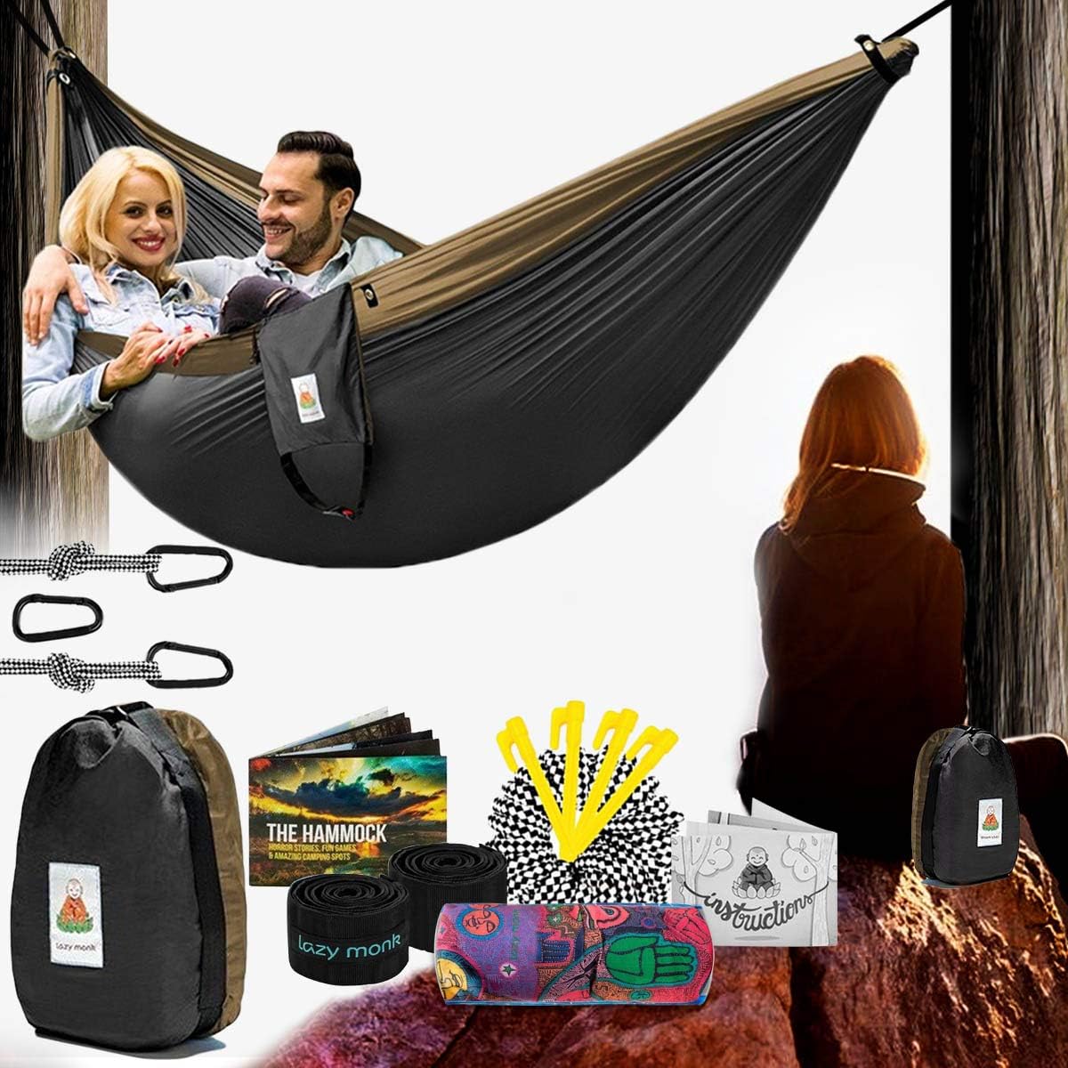 Lazy Monk 2 Person Hammock w/ Tree Straps | Portable Foldable Parachute Double Hamock Outdoor, Travel, Camping | Hamaca para dos | Complete Two People Couple Patio Backyard Outside Hanging Swing Amaca