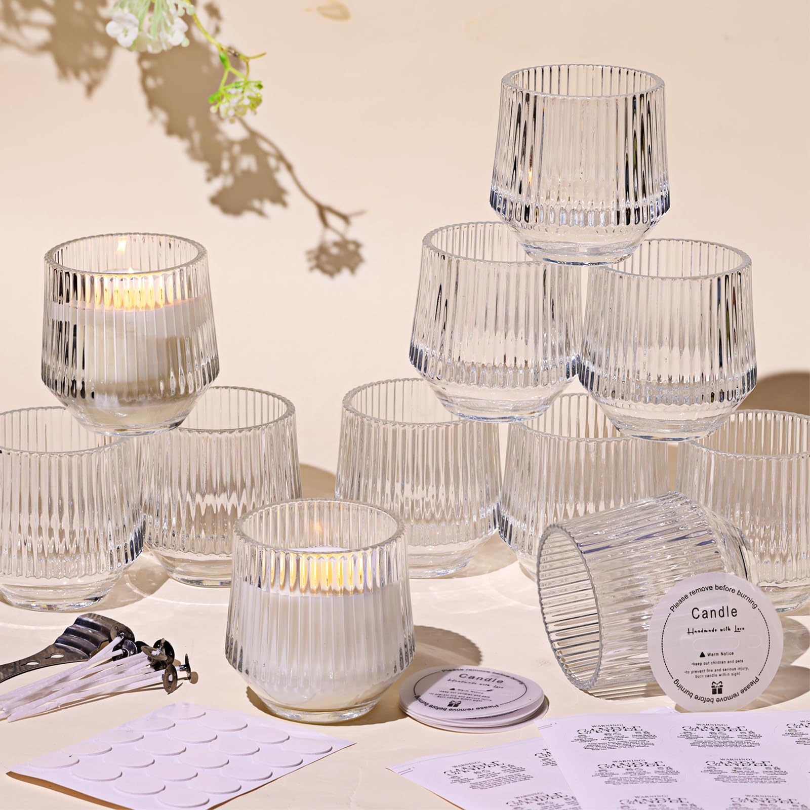 Photo 1 of LAMORGIFT 12 Pack Clear Glass Candle Jars for Making Candles- 7OZ Ribbed Empty Candle Jars, Candle Making Jars, Candle Containers, Candle Vessels with Candle Making Accessories for Making Candles