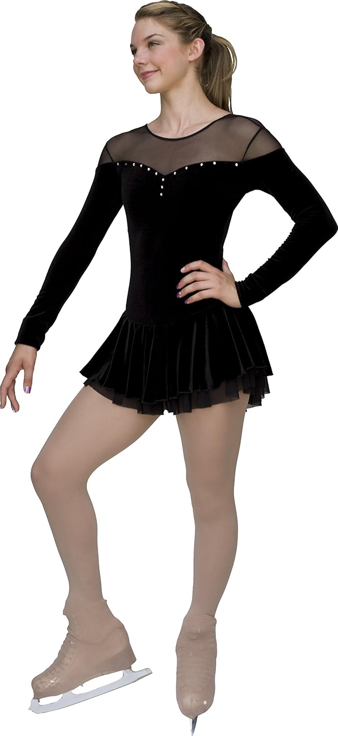 Chloe Noel DLV04 - Velvet Double Layer Mesh Skirt Figure Skating Dress DLV04 Black Adult Small: Clothing