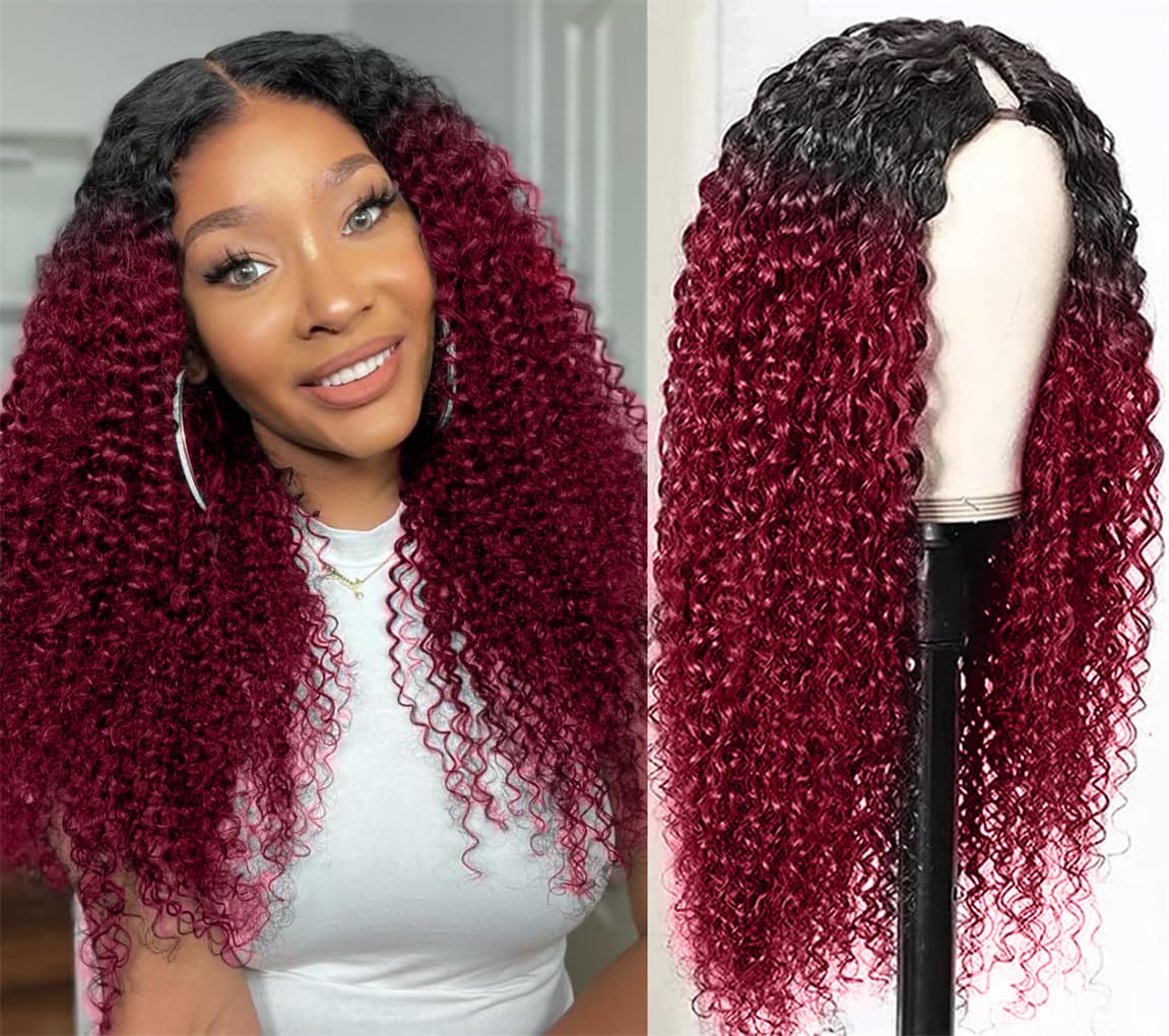 Black Root Burgundy Curly V Part Wigs - Human Hair Upgrade U Part Wigs - 18Inch