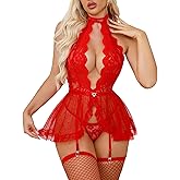 Aranmei Sexy Lingerie for Women Lace Deep V Halter Mesh Chemise 3 Piece Babydoll Lingerie with Garter and Stockings S-XXL