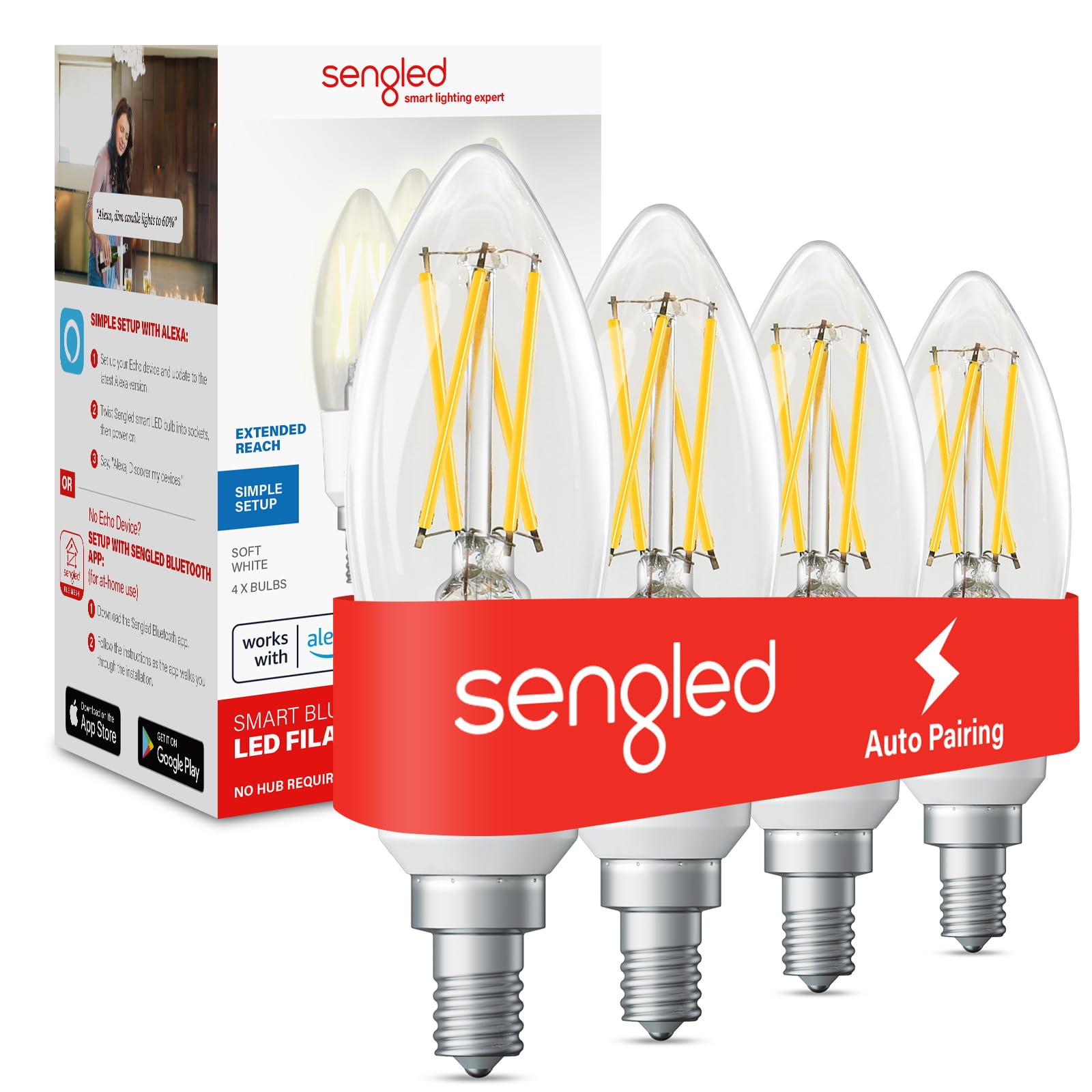Photo 1 of Sengled Alexa Light Bulb, E12 Smart Bulbs, Edison Bulbs Bluetooth Mesh, 40 Watt Candelabra Light Bulbs 2700K B11, Smart Bulbs That Work with Alexa, Dimmable & Group Control, No Hub Request, 4 Pack