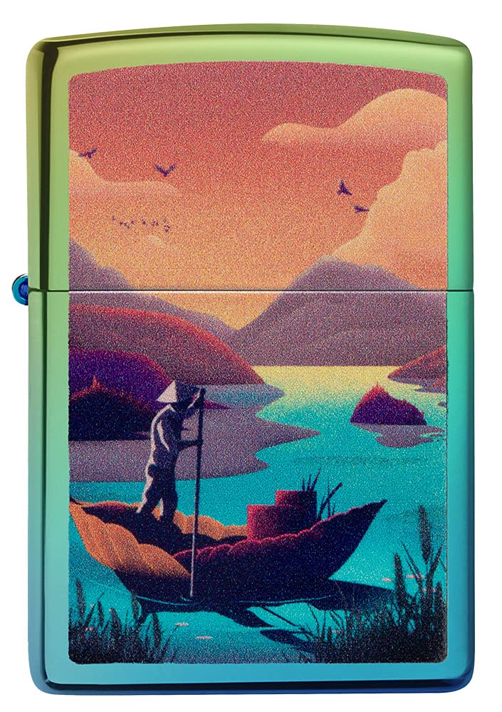 Zippo Windproof Lighter - Leaf Boating - Colour Image - High Polish Teal Finish - Refillable - Reusable - Windproof Design - Gift Box - Metal - Made in USA