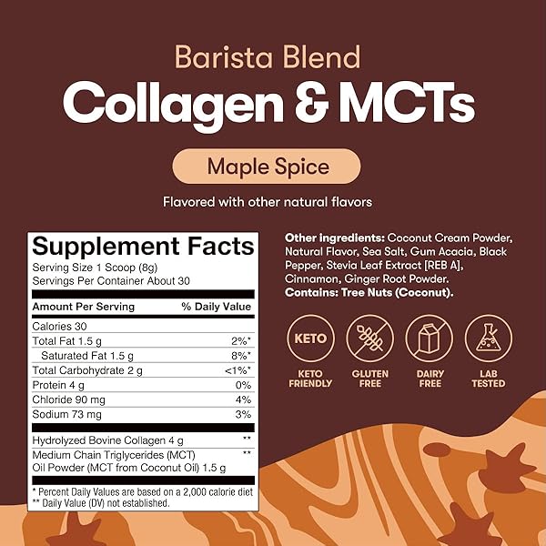 PERFECT KETO BARISTA BLEND COLLAGEN COFFEE CREAMER POWDER WITH MCT OIL, DAIRY FREE, LOW SUGAR, GRASS FED HEALTHY CREAMER FOR KETOGENIC DIET, ENERGY AND HEALTHY SKIN, HAIR AND NAIL SUPPORT, MAPLE SPICE