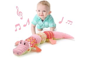 LIGHTDESIRE Baby Toys Musical Crocodile,Infant Toys Stuffed Animal Toys with Ruler Design and Ring Bell,Baby Teething Toys for Tummy Time Newborn Boys Girls 0 3 6 12 Months(Pink)