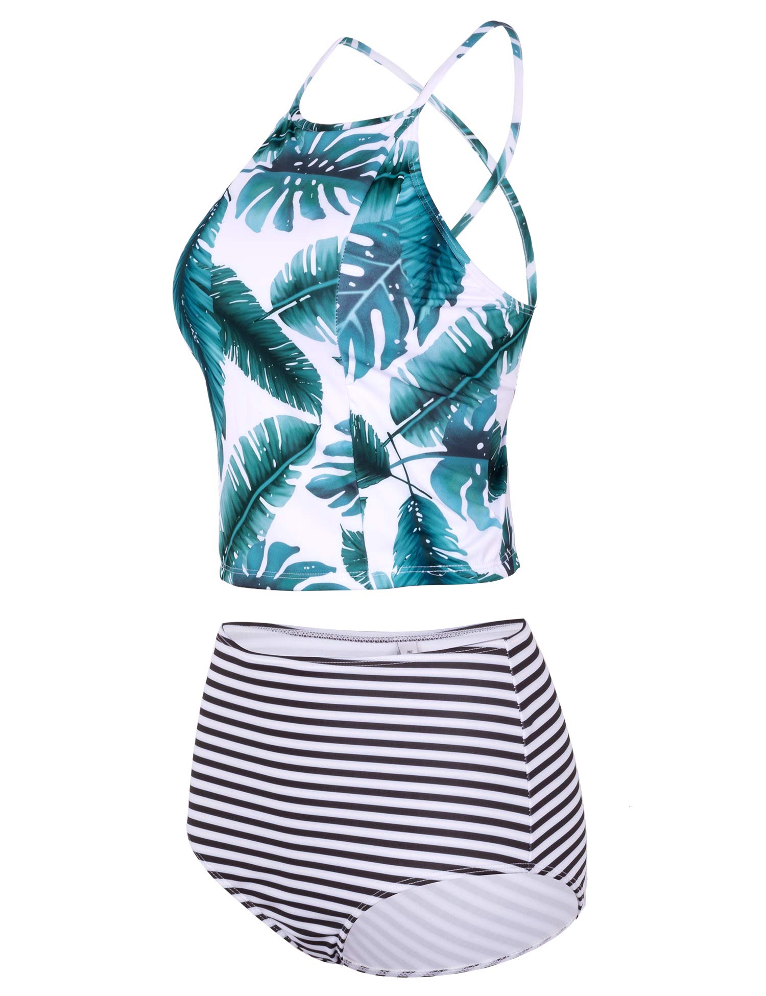 Verano Playa Women Lace Up Tankini Swimsuit Criss Cross Back High Neck Two Piece Bathing Suit Padded High Waist Swimwear