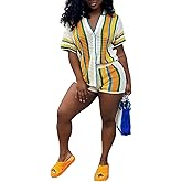 VOIKERDR Crochet Two Piece Short Set for Women Hollow Out Striped Shirt and Shorts Sexy Summer Outfits