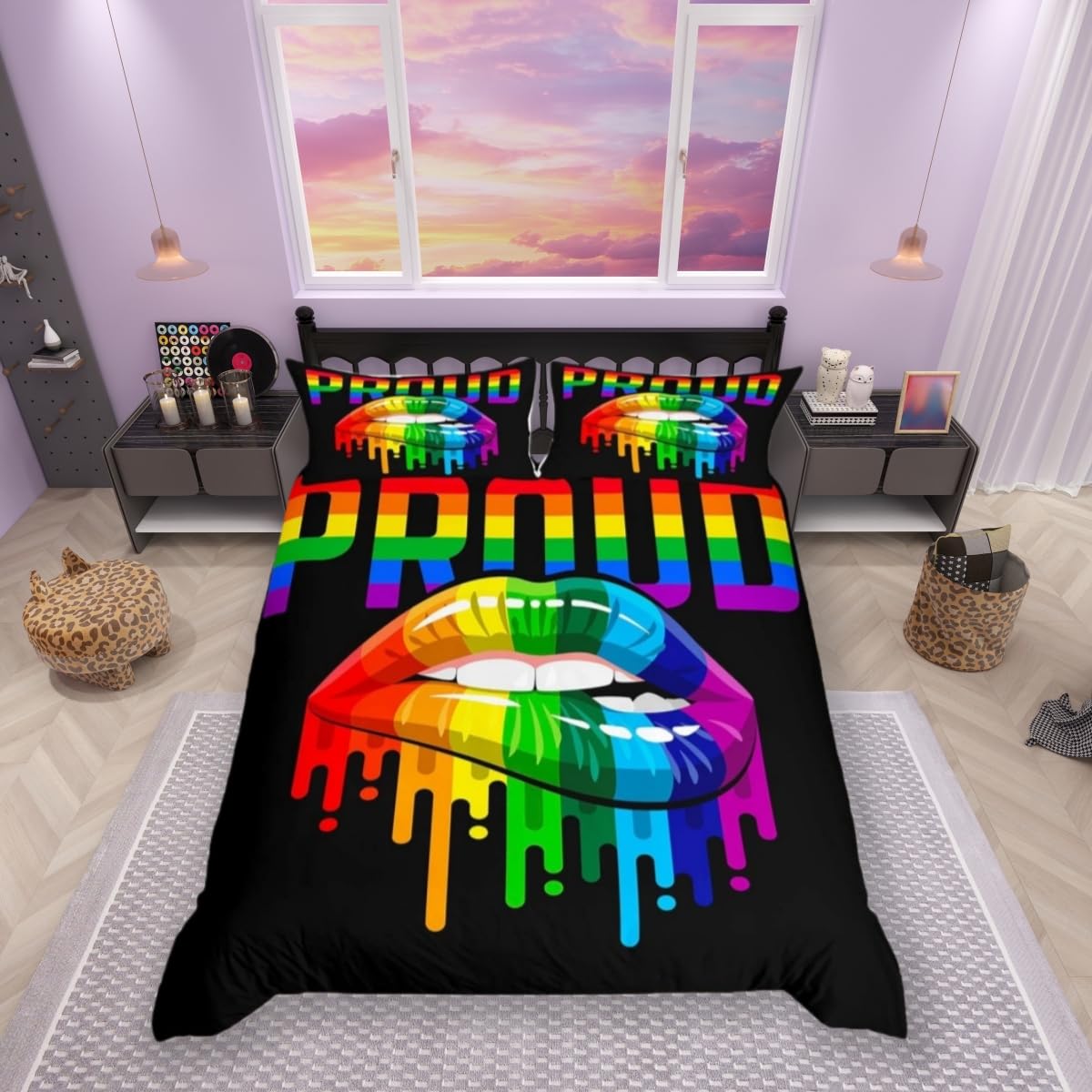 feelingyou Pride Theme Bedding Set,Rainbow Lips Comforter Cover Set for Teens Women Room Decor,Colorful Stripes Duvet Cover Breathable Watercolor Tie-dye Bedspread Cover Double Size — image 1