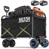 SEESII Electric Wagon Cart with 2 x 4.0Ah Batteries | Stepless Variable Speed Collapsible Wagon, Heavy Duty Folding Cart with Multi-Terrain Wheels for Camp Garden Grocery &amp; Sport