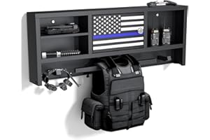 NUWJBYE Police Duty Gear Rack, Wall Mounted Tactical Gear Metal Shelf with Lockbox Safe,Vest Hanger/Hooks for Duty Belt, Law Enforcement Officer and Police Academy Graduation Gift.