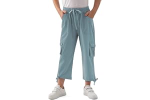 MoFiz Capri Cargo Pants for Girls with Pockets Loose Fit Casual Pant Dressy Lightweight Kids Baggy Parachute Pants for Hiking