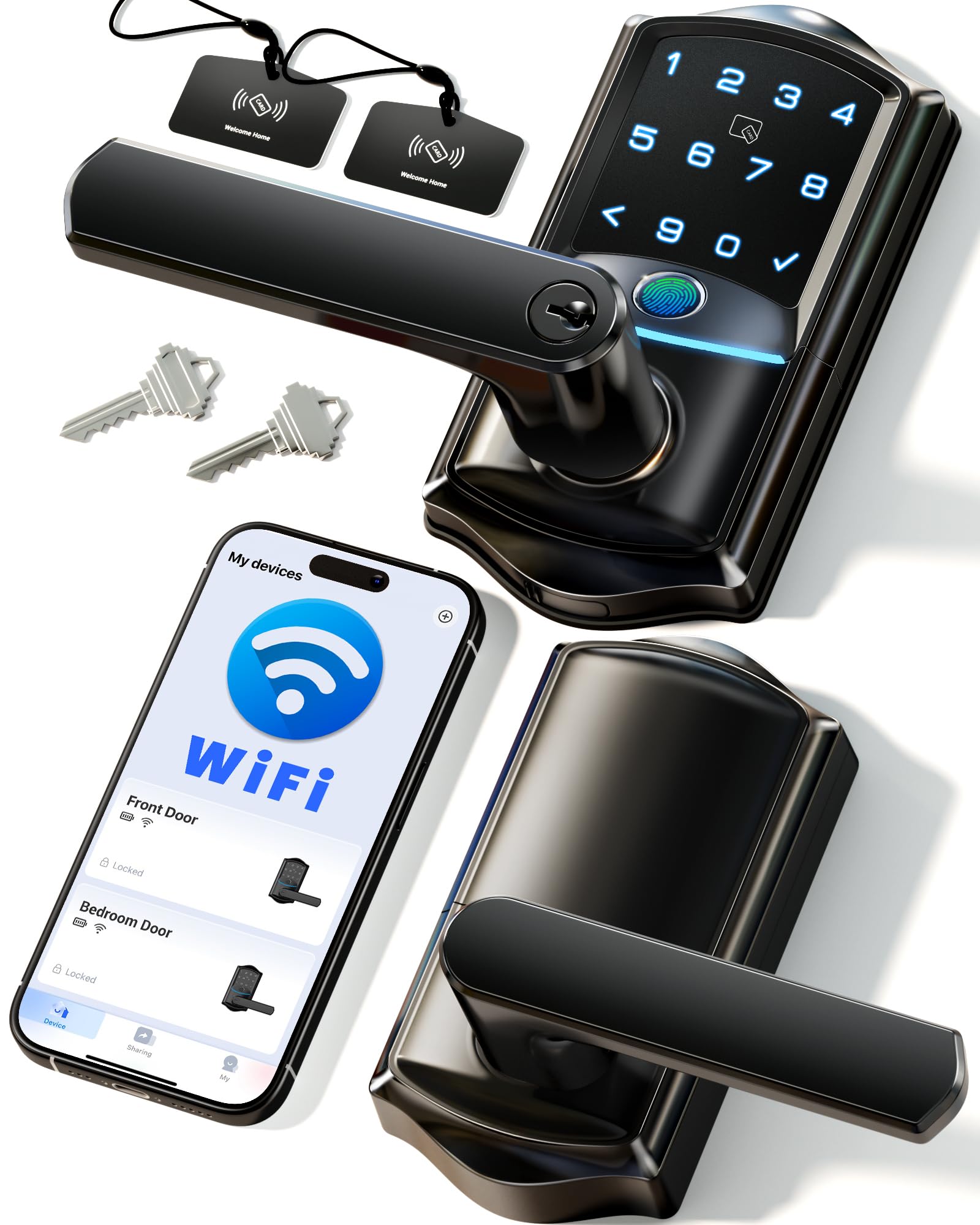 Photo 1 of Veise VE029 WiFi Smart Lever Lock, Fingerprint Keyless Entry Door Lock with Handle, Built-in WiFi, Remote App Control, Electronic Digital Knob for Front Door and Bedroom, IP65 Waterproof, Matte Black