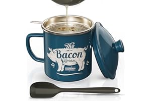 PGYARD Bacon Grease Container With Strainer, 46OZ Large Enamel Grease Container, With Silicone Spatula, Farmhouse Bacon Grease Keeper, Cooking Oil Container For Kitchen Fat Storage, Dishwasher Safe-Blue