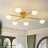 Fang Yan Mei Modern Semi-Flush Mount Ceiling Light with 6 Opal Glass Shades, 39" Gold Sputnik Chandelier,Mid-Century Vintage 
