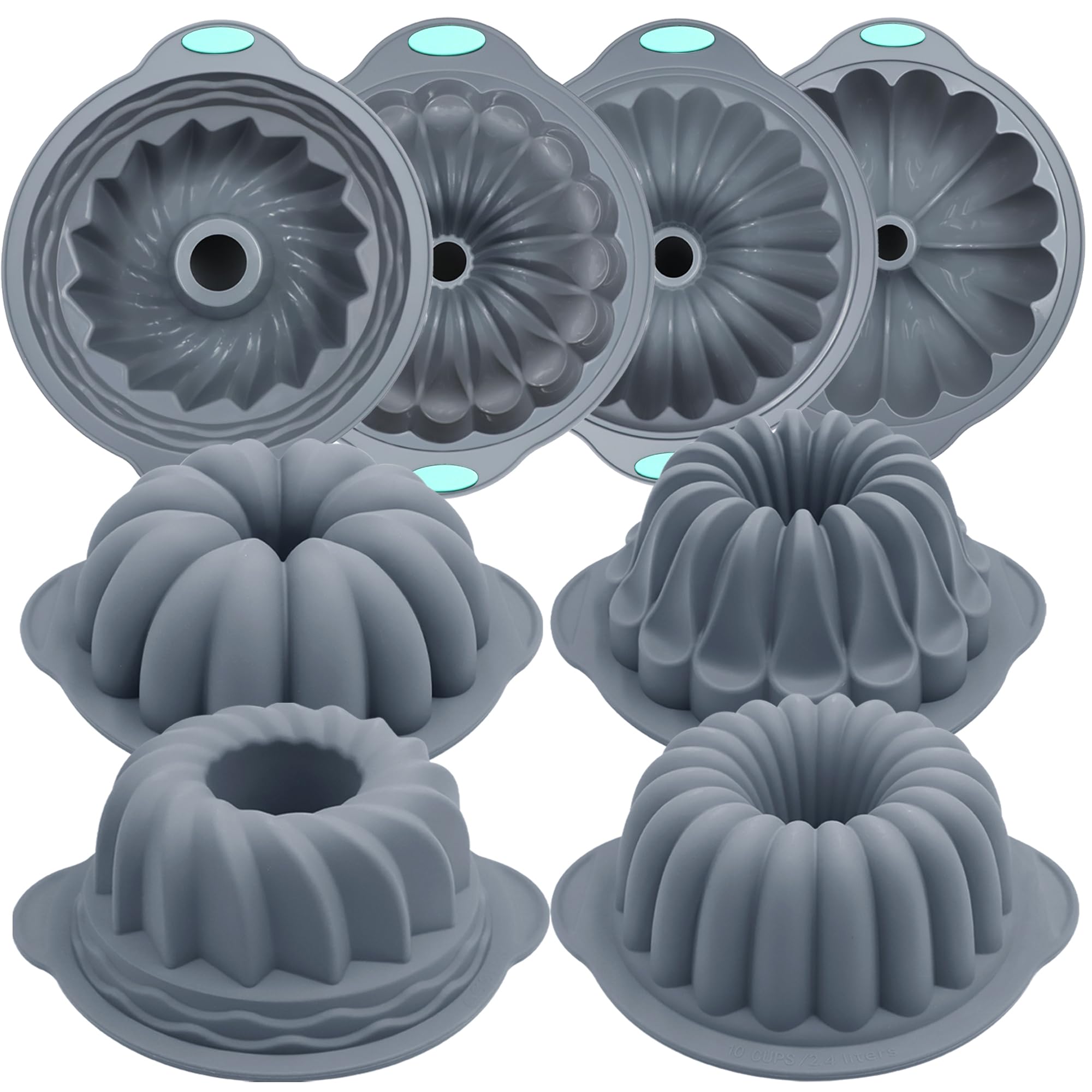 Tongjude 4 Pieces Silicone Fluted Tube Cake Pans, 7 Cups Tube Baking Pan, Jello Mold, Silicone Molds for Homemade Cake, Bread and Jello, Non-Stick, Grey Image