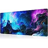 Dazzling Galaxy Gaming Mouse Pad Blue Desk Mat XL Mouse Gaming Pads, Starry Sky Keyboard Pads Extra Large Desktop Computer Mats with Non-Slip Base &amp; Stitched Edges, Vintage Office Decor 31.5x11.8