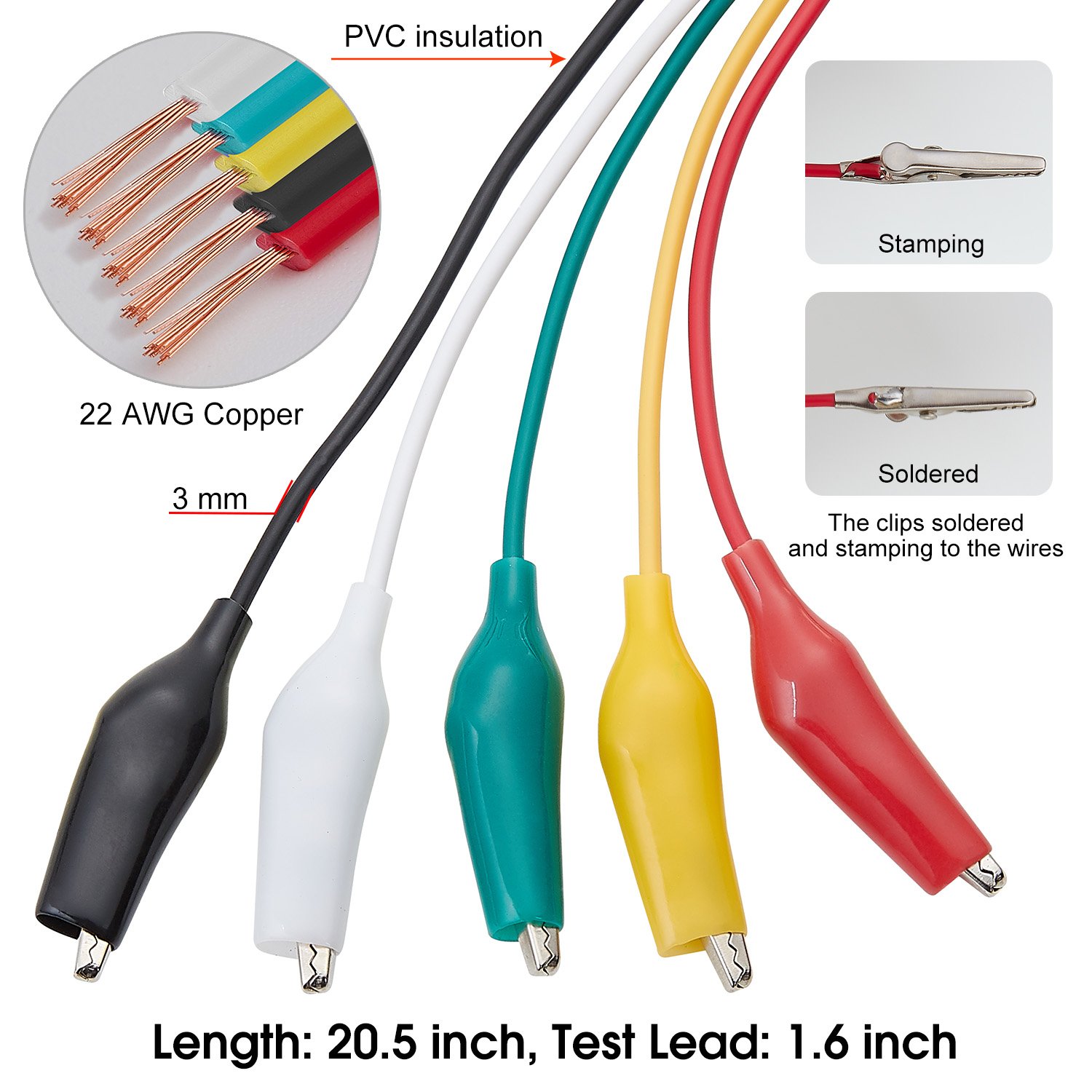 WGGE WG-026 10 Pieces and 5 Colors Test Lead Set & Alligator Clips,20.5 inches (1 PACK): Home Improvement