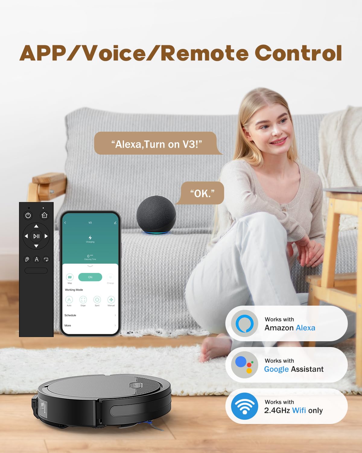 Pureatic V3 3 in 1 Robot Vacuum and Mop with 5000Pa Suction Power, Work with 2.4GWifi/ Alexa/App/, Self-Charging Vacuum Cleaner, Tangle-Free, Ideal for Pet Hair,Carpet and Hard Floor