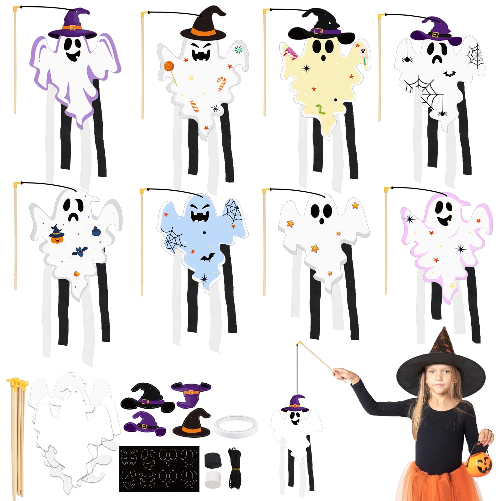 MONCAP 8Pcs Halloween Craft Kits with Emoji Creative Art and Crafts for Kids - Floating Ghost Party Favor