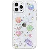 Abbery for iPhone 12 Pro Max Case-Stars and Moon, Clear with Space Theme Planet Cute Design, Bling Glitter Sparkle Soft Silicone TPU Universe Women Girl's Protective Phone Cover