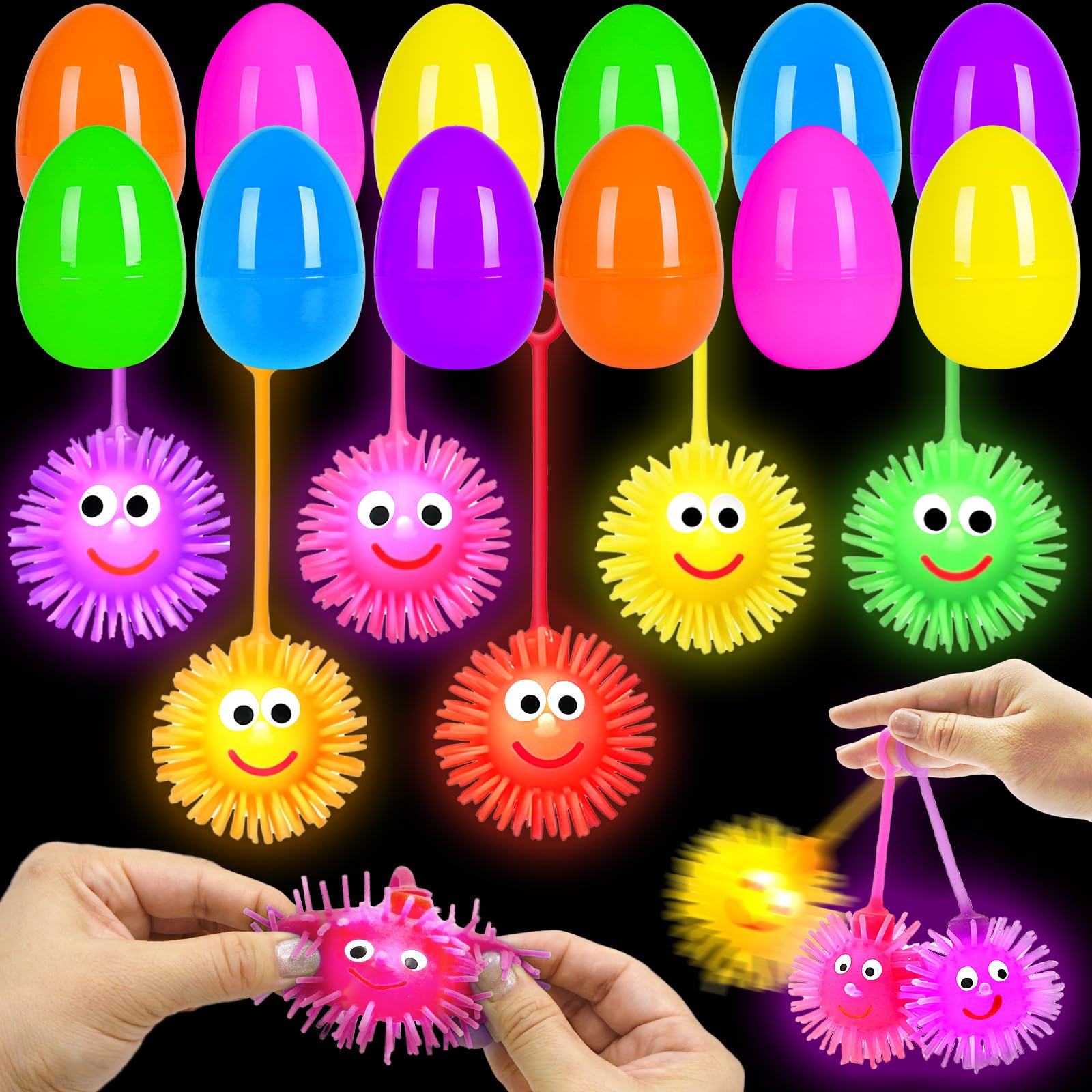 PIONJOY 24PCS Easter Eggs Filled with LED Puffer Balls, LED Light-Up Squeeze Stress Relief Toys for Kids, Easter Egg Hunt Fillers Treats Easter Basket Stuffers for Kid Toddler Boys Girls