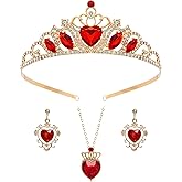 Nydotd 3 Pcs Red Crown with Hearts and Necklace Earrings Gold Tiara Jewelry Set Red Queen Hearts Costume Jewelry Set for Women Teen Dress
