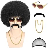 ELETAMQ Afro Wigs Men, 5pcs Set (Wig+ Glasses+ Necklace+ Mustache+ Wig Cap) 70s Disco Costume Wigs for Men Short Black Curly Mens Wigs Fluffy Synthetic Funny Hair for Halloween Chrismas Cosplay Party