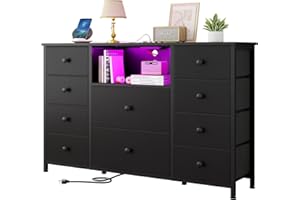 LDTTCUK Dresser with Charging Station and LED Lights, Long Dresser for Bedroom Dresser TV Stand with 10 Drawers, Fabric Chest of Drawers with PU Finish, Wide Dresser Storage Organizer, Black