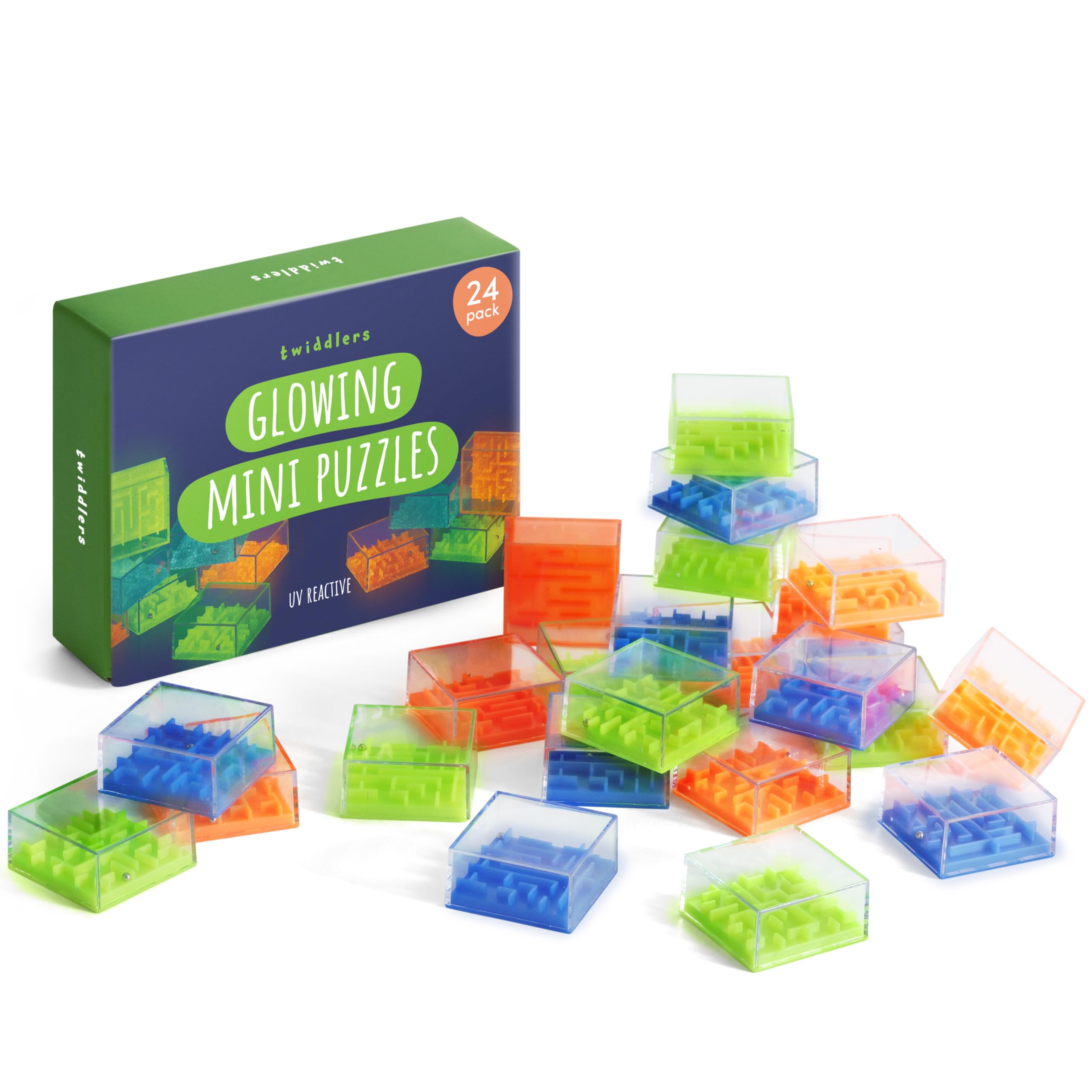 THE TWIDDLERS - 24 Mini Maze Puzzle Cubes, UV Reactive Games, Kids Brain Teaser Challenge, Perfect Science Party Bag Favours, Cracker Stocking Fillers, Cool Classroom Rewards for 6 to 10 Year Olds