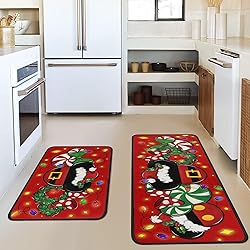 Christmas Kitchen Rugs Set of 2, Red Cartoon Mouse