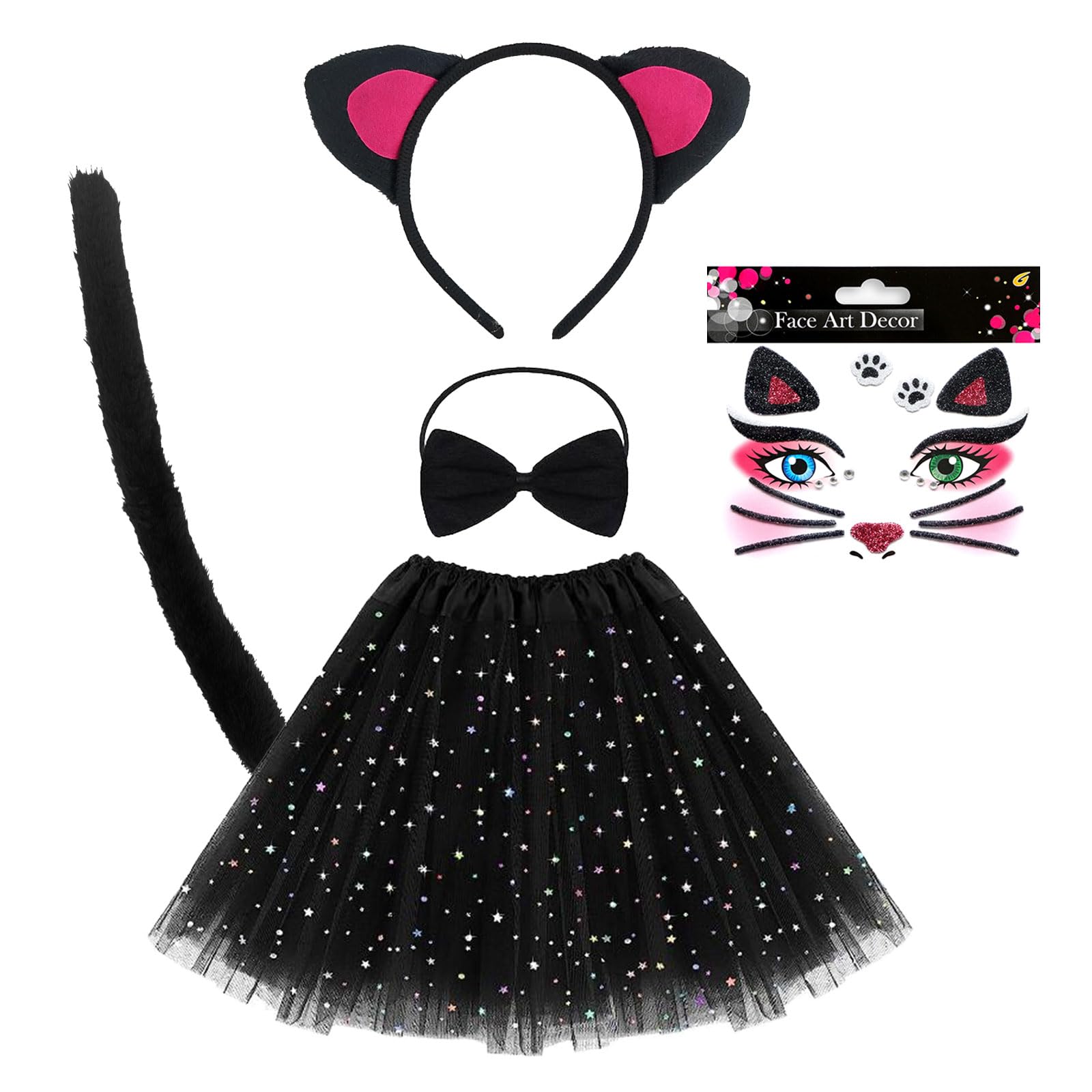 EUPSIIU Cat Costume Halloween, Cute Cat Cosplay Kitten Ears Headband Cat Tail Bow tie Princess Tutu Skirt Cat Face Tattoo Stickers Animal Costume Party Fancy Dress Up for Kids Girls Children (Black)
